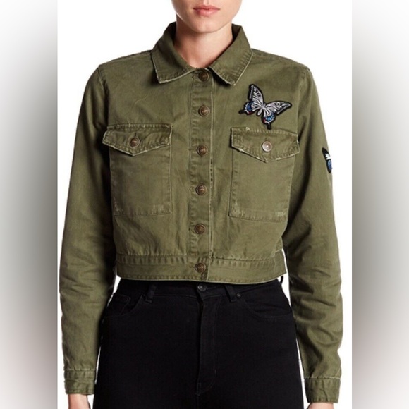 ⭐️ NWT Philosophy Olive Army Green Embroidered Butterfly Cropped Patch Jacket XS - Picture 2 of 15